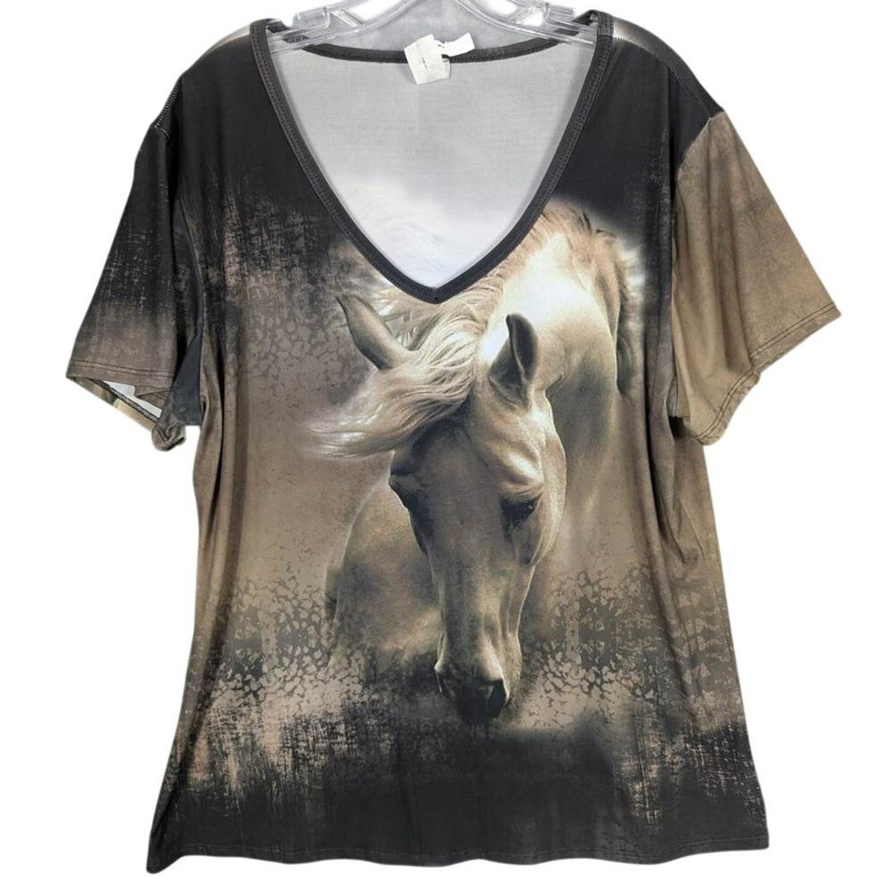 Liberty Wear Shirt Womens 3XL Brown Horse Graphic Short Sleeve V-Neck USA READ